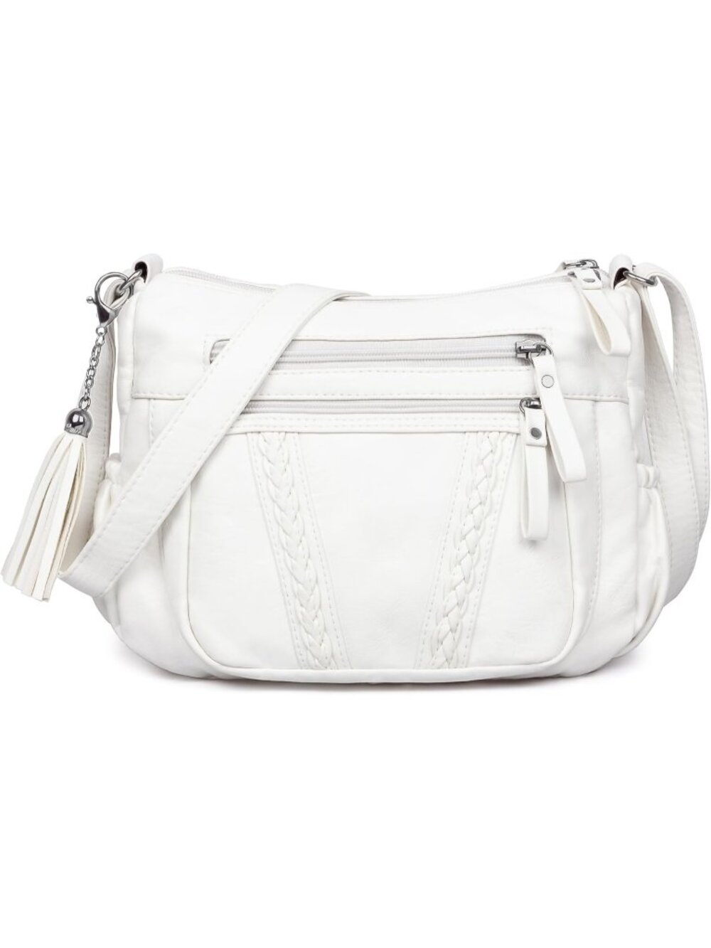 Women's White Soft PU Leather Crossbody Bag With Tassel Handbag Pocketbooks